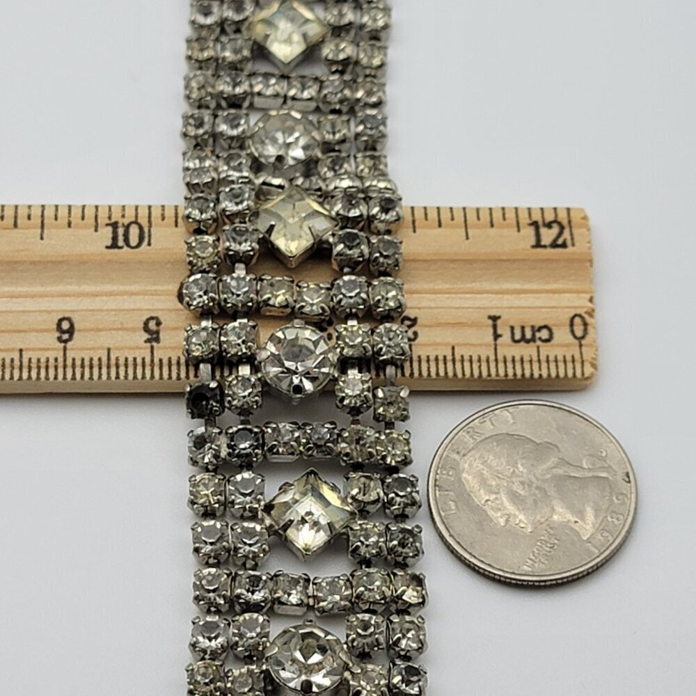 Vintage Crystal Tennis Bracelet Silver-Tone Fold Clasp Wide Statement 7 Inch - Picture 14 of 14
